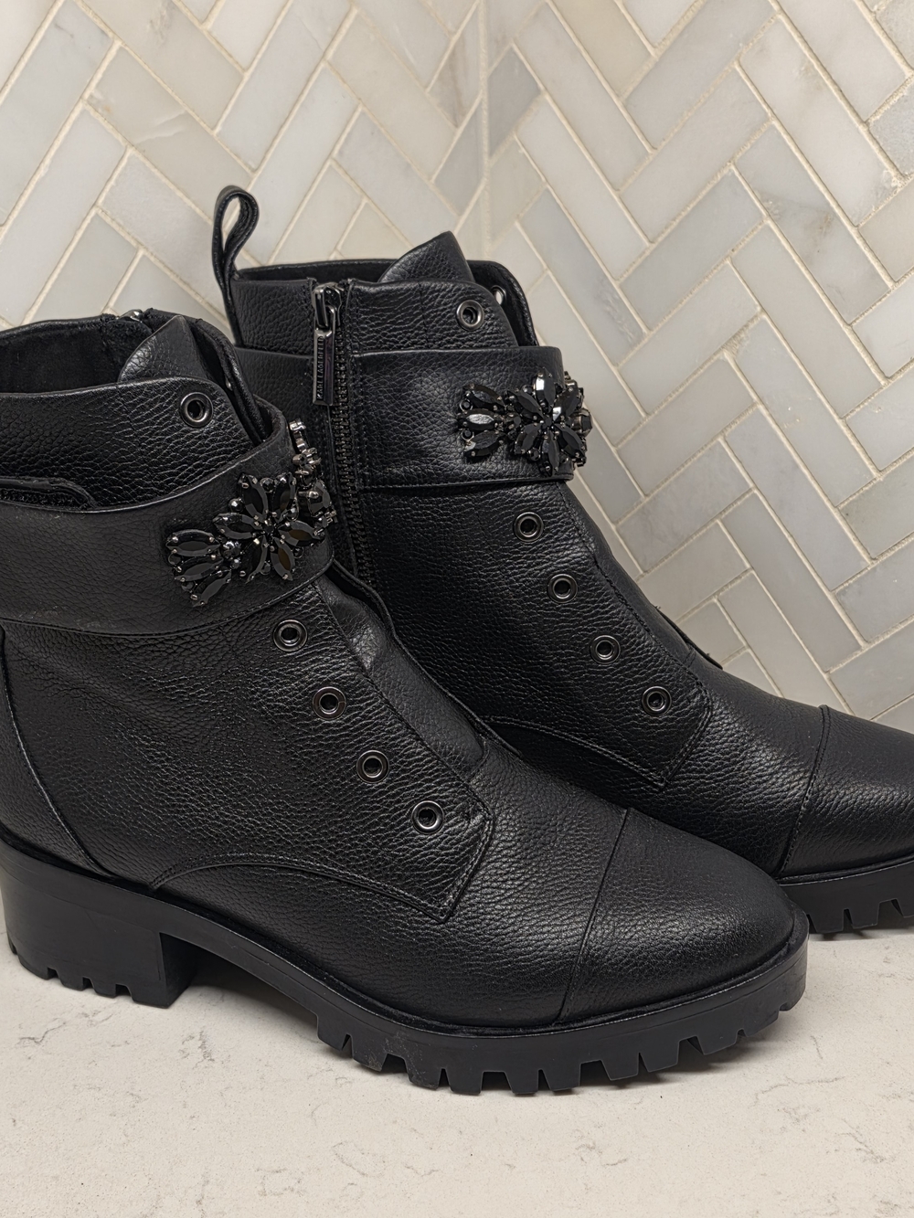 Karl Lagerfeld Black Jeweled Leather Combat Booties NWOT